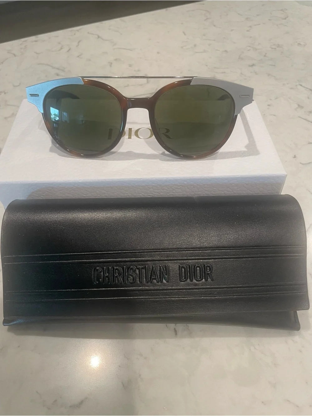 Dior Brown Frame Sunglasses with Silver Accents and Green Lenses